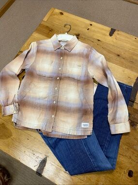 REI Woven Plaid Button-Front shirt jacket in Faded Brown, gray, cream and rose.